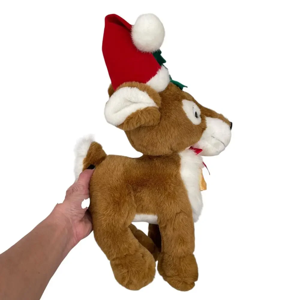 Vintage Reindeer Plush Christmas Stuffed Animal Wearing Santa Hat Toy TAGS